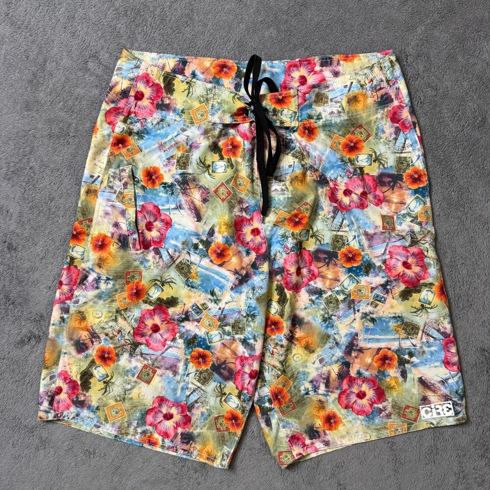 Y2K Cire Board Shorts Mens 36 Tropical Floral Stamps Beach Surf Swim Wear